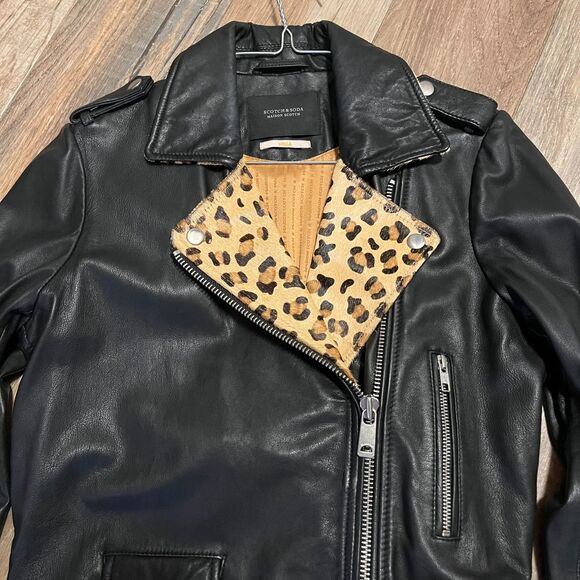 Scotch & Soda Womens Black Leather & Leopard Trim Biker Jacket NWOT Small - Picture 3 of 12